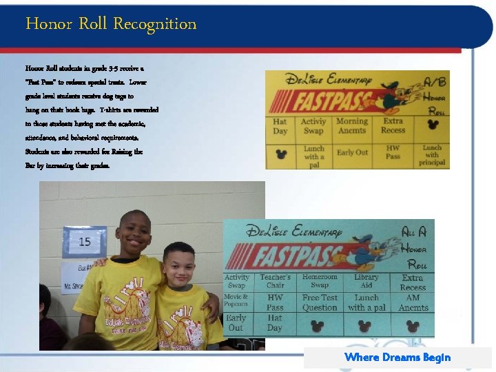 Honor Roll Recognition Honor Roll students in grade 3 -5 receive a “Fast Pass”