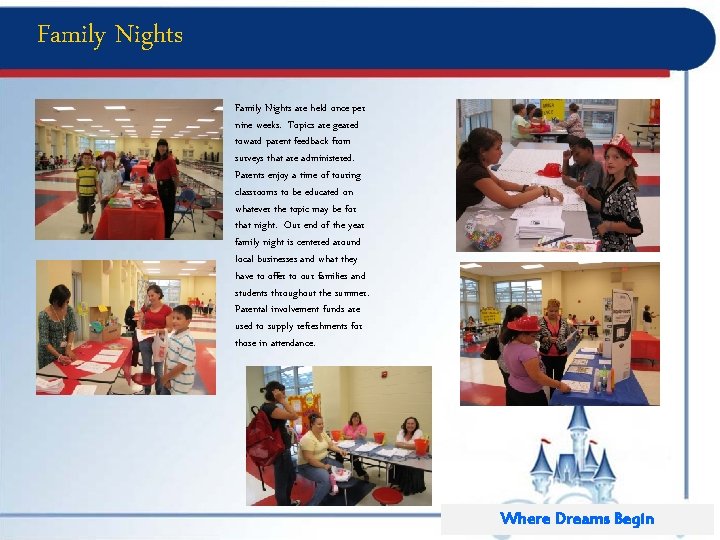 Family Nights are held once per nine weeks. Topics are geared toward parent feedback