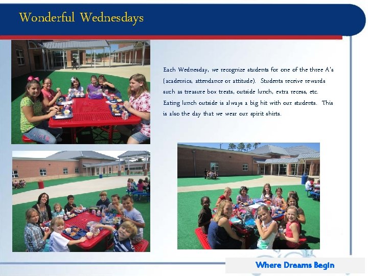 Wonderful Wednesdays Each Wednesday, we recognize students for one of the three A’s (academics,