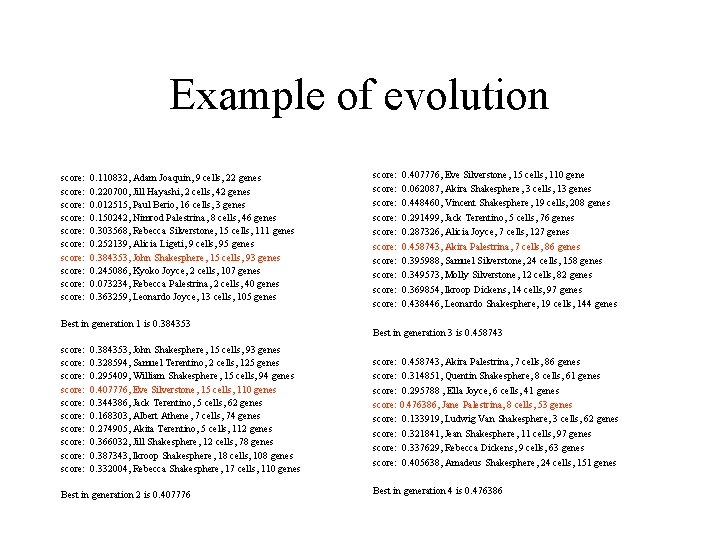 Example of evolution score: score: score: 0. 110832, Adam Joaquin, 9 cells, 22 genes