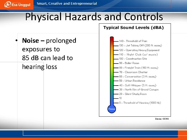 Physical Hazards and Controls • Noise – prolonged exposures to 85 d. B can