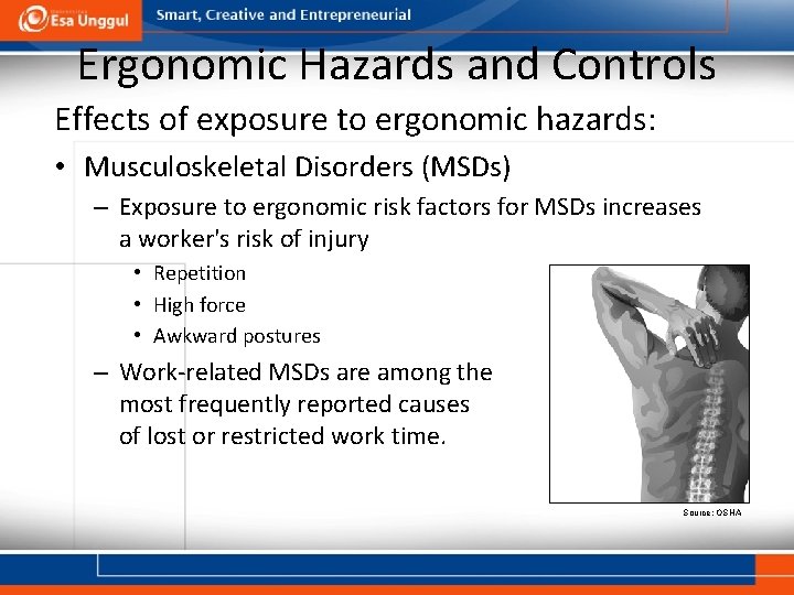 Ergonomic Hazards and Controls Effects of exposure to ergonomic hazards: • Musculoskeletal Disorders (MSDs)