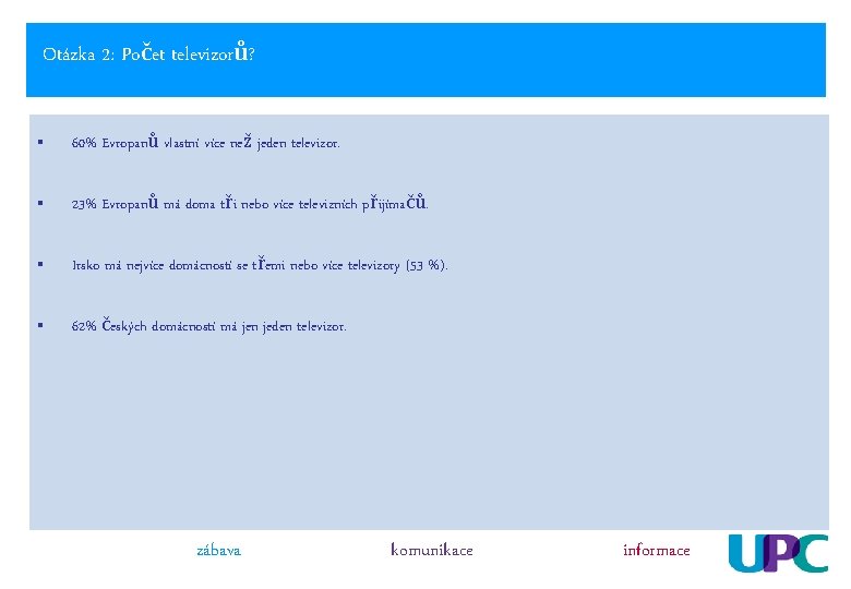 Otázka 2: Počet televizorů? § 60% Evropanů vlastní více než jeden televizor. § 23%