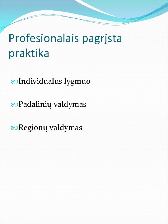 Profesionalais pagrįsta praktika Individualus lygmuo Padalinių valdymas Regionų valdymas 