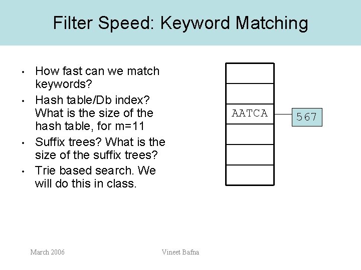 Filter Speed: Keyword Matching • • How fast can we match keywords? Hash table/Db