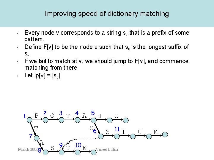 Improving speed of dictionary matching • • Every node v corresponds to a string