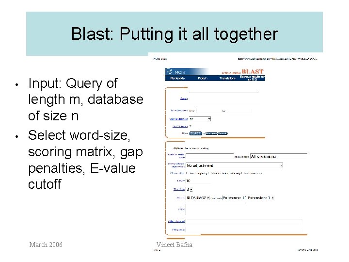 Blast: Putting it all together • • Input: Query of length m, database of