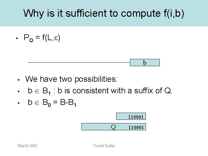 Why is it sufficient to compute f(i, b) • PQ = f(L, ) b