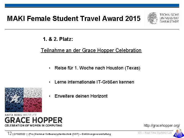 MAKI Female Student Travel Award 2015 1. & 2. Platz: Teilnahme an der Grace