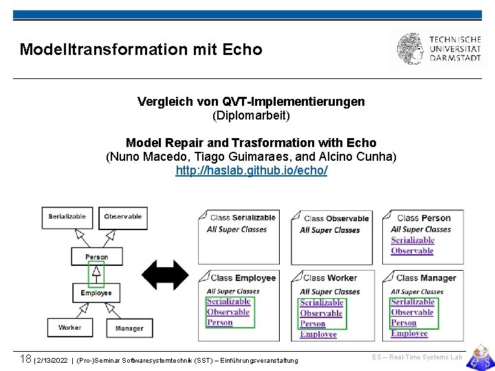 Modelltransformation mit Echo Vergleich von QVT-Implementierungen (Diplomarbeit) Model Repair and Trasformation with Echo (Nuno