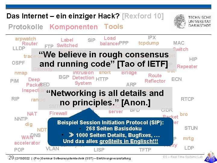 Das Internet – einziger Hack? [Rexford 10] Protokolle Komponenten Tools IPX Load Label SIP