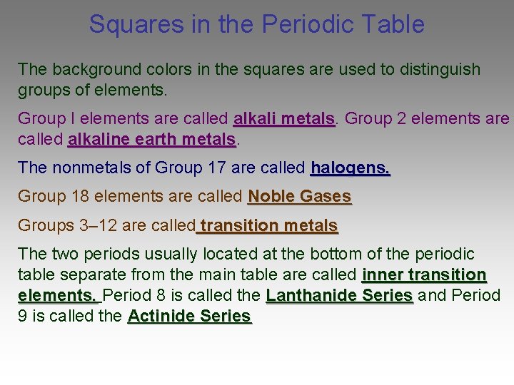 Squares in the Periodic Table The background colors in the squares are used to