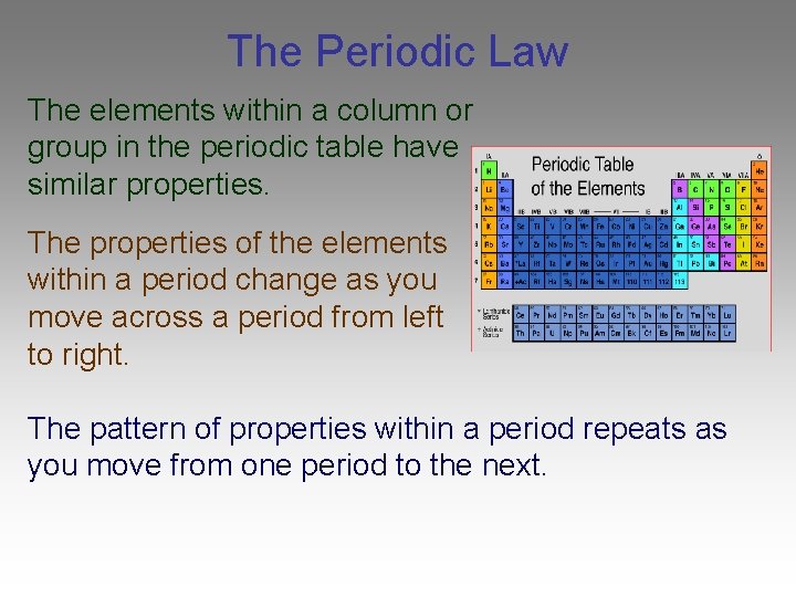 The Periodic Law The elements within a column or group in the periodic table