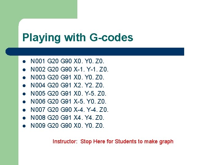 Playing with G-codes l l l l l N 001 G 20 G 90