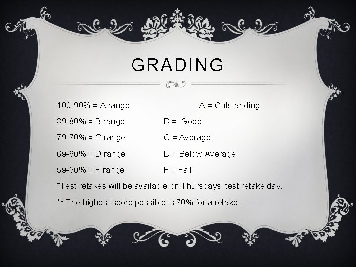 GRADING 100 -90% = A range A = Outstanding 89 -80% = B range