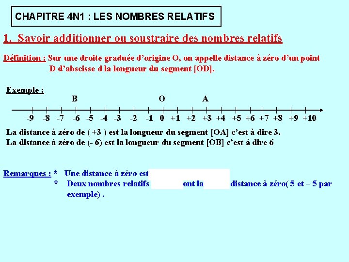 CHAPITRE 4 N 1 : LES NOMBRES RELATIFS 1. Savoir additionner ou soustraire des