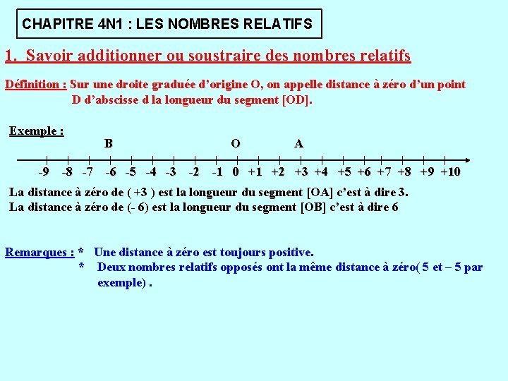 CHAPITRE 4 N 1 : LES NOMBRES RELATIFS 1. Savoir additionner ou soustraire des