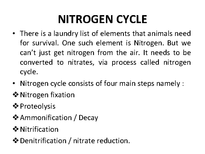 NITROGEN CYCLE • There is a laundry list of elements that animals need for