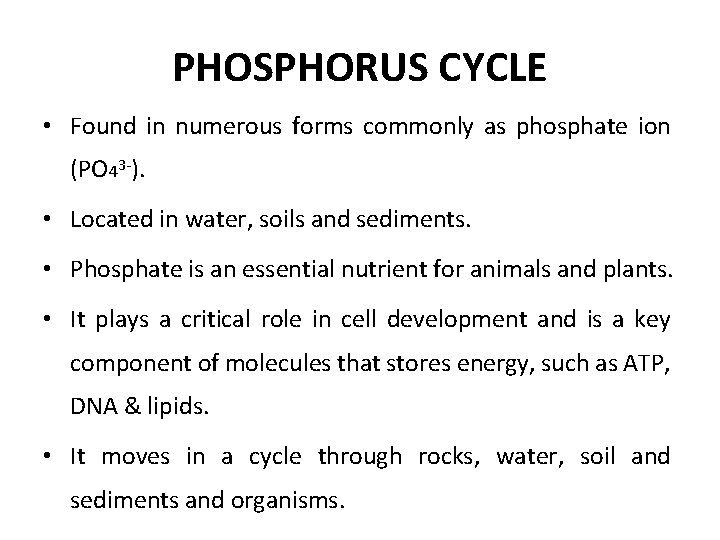 PHOSPHORUS CYCLE • Found in numerous forms commonly as phosphate ion (PO 43 -).