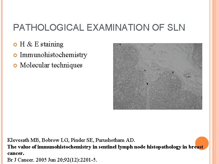 PATHOLOGICAL EXAMINATION OF SLN H & E staining Immunohistochemistry Molecular techniques Klevesath MB, Bobrow