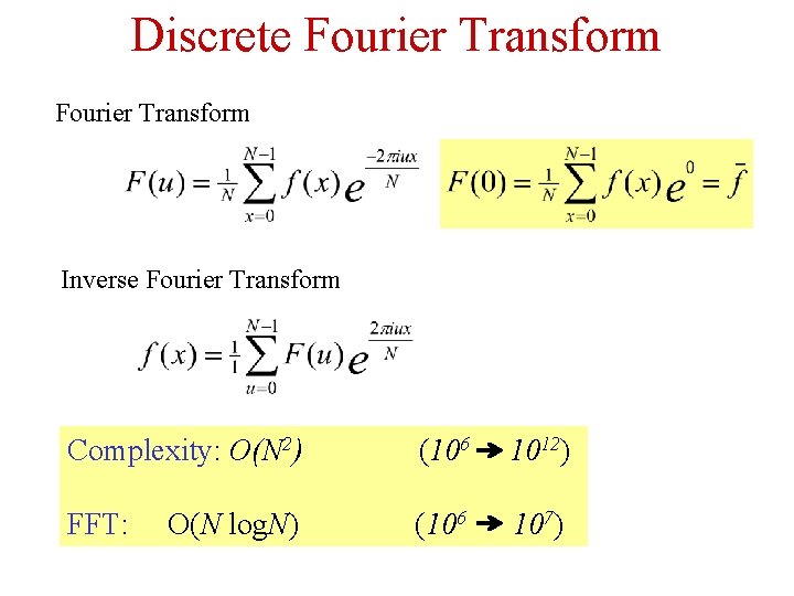 Discrete Fourier Transform Inverse Fourier Transform Complexity: O(N 2) (106 1012) FFT: (106 107)