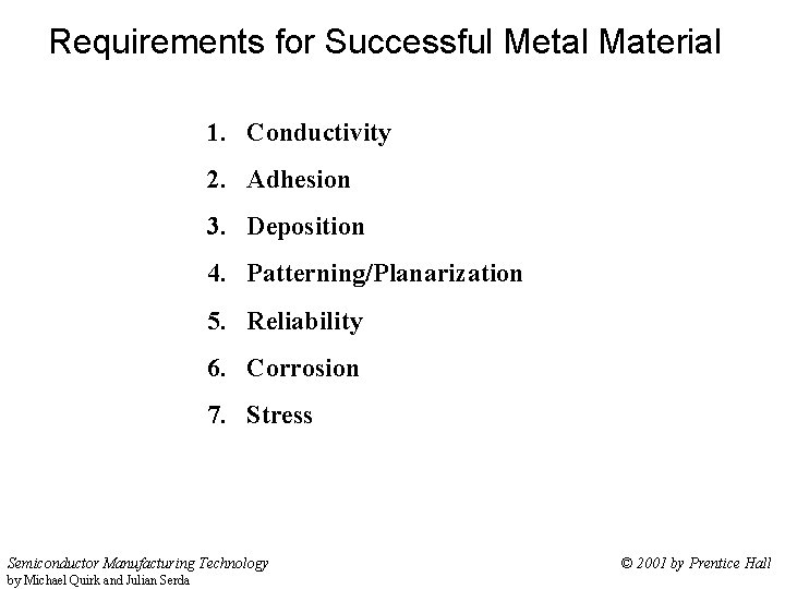 Requirements for Successful Metal Material 1. Conductivity 2. Adhesion 3. Deposition 4. Patterning/Planarization 5.