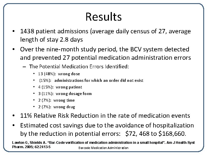 Results • 1438 patient admissions (average daily census of 27, average length of stay
