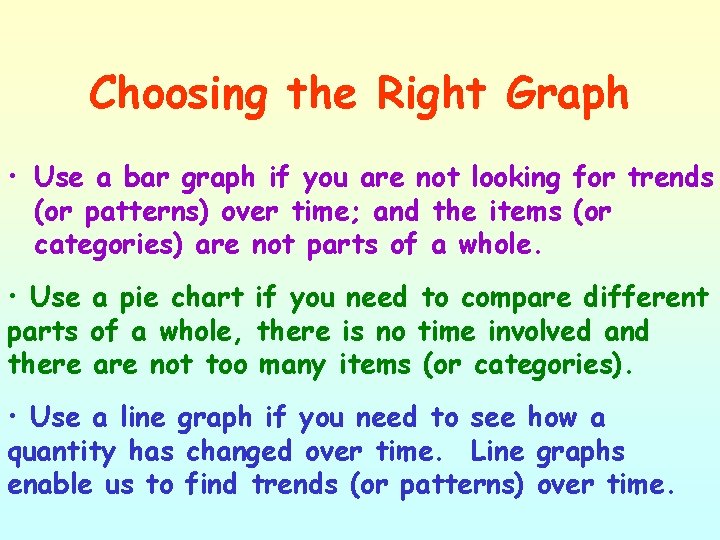 Choosing the Right Graph • Use a bar graph if you are not looking