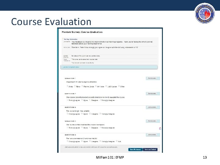 Course Evaluation Mil. Fam 101: EFMP 13 