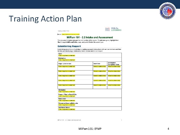 Training Action Plan Mil. Fam 101: EFMP 4 