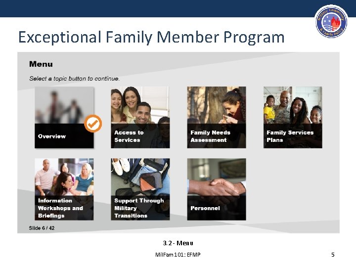 Exceptional Family Member Program 3. 2 - Menu Mil. Fam 101: EFMP 5 