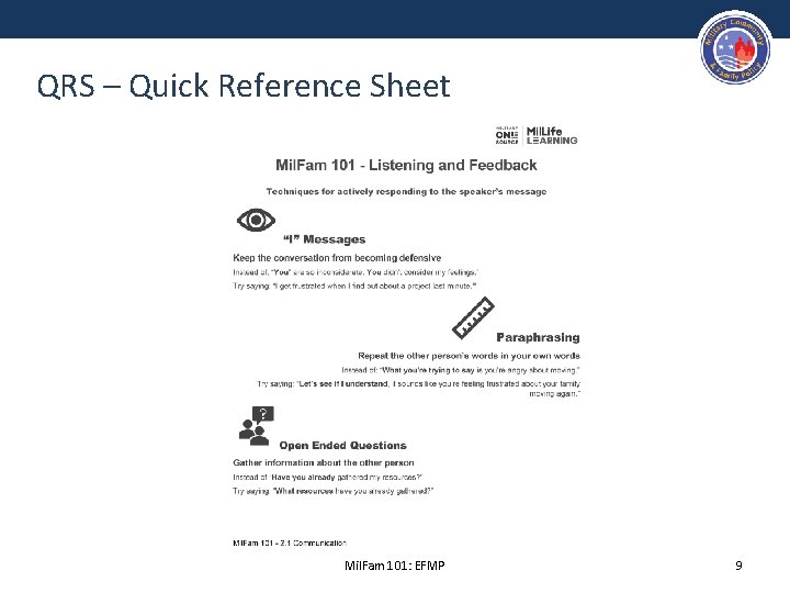 QRS – Quick Reference Sheet Mil. Fam 101: EFMP 9 