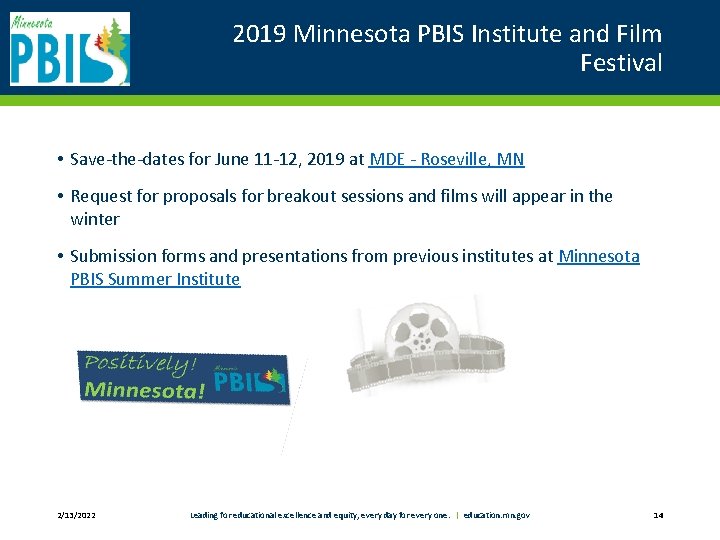 2019 Minnesota PBIS Institute and Film Festival • Save-the-dates for June 11 -12, 2019