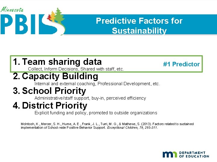 Predictive Factors for Sustainability 1. Team sharing data Collect, Inform Decisions, Shared with staff,