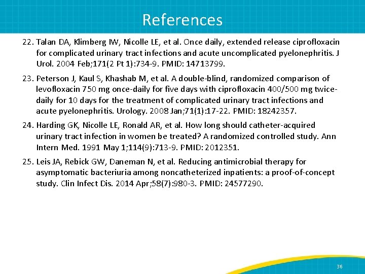 References 22. Talan DA, Klimberg IW, Nicolle LE, et al. Once daily, extended release