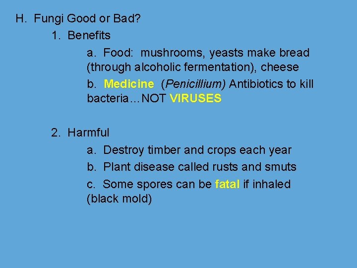 H. Fungi Good or Bad? 1. Benefits a. Food: mushrooms, yeasts make bread (through