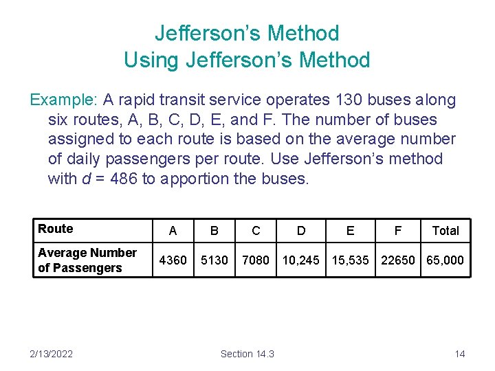 Jefferson’s Method Using Jefferson’s Method Example: A rapid transit service operates 130 buses along