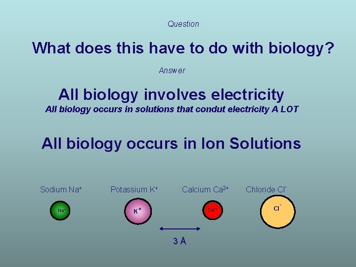 Question What does this have to do with biology? Answer All biology involves electricity
