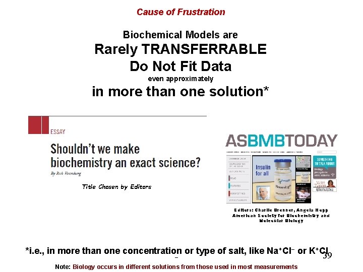 Cause of Frustration Biochemical Models are Rarely TRANSFERRABLE Do Not Fit Data even approximately