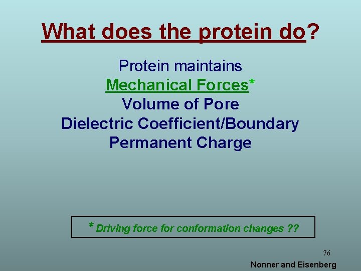 What does the protein do? Protein maintains Mechanical Forces* Volume of Pore Dielectric Coefficient/Boundary