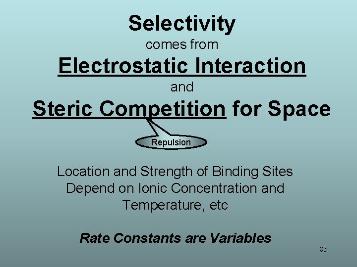 Selectivity comes from Electrostatic Interaction and Steric Competition for Space Repulsion Location and Strength