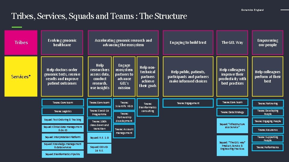 Tribes, Services, Squads and Teams : The Structure Tribes Services* Evolving genomic healthcare Accelerating
