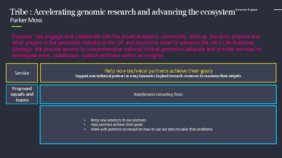 Tribe : Accelerating genomic research and advancing the ecosystem Genomics England Parker Moss Purpose