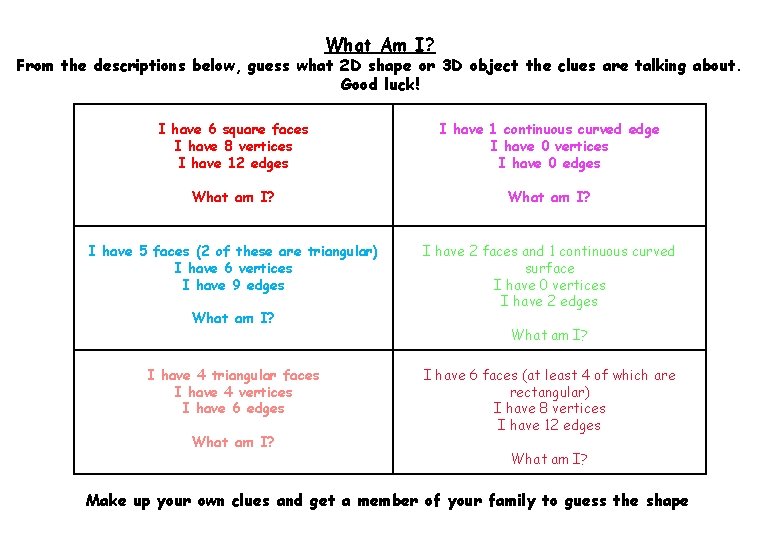 What Am I? From the descriptions below, guess what 2 D shape or 3