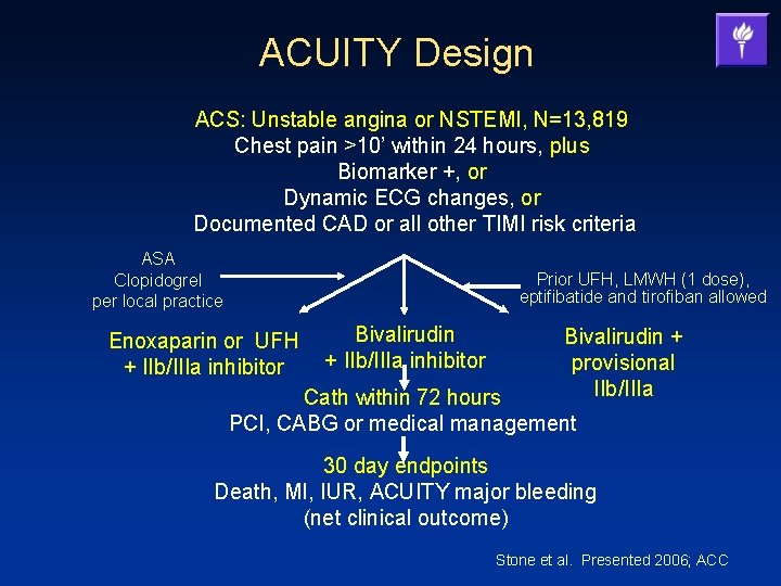 ACUITY Design ACS: Unstable angina or NSTEMI, N=13, 819 Chest pain >10’ within 24