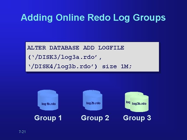 Adding Online Redo Log Groups ALTER DATABASE ADD LOGFILE (‘/DISK 3/log 3 a. rdo’, Adding Online Redo Log Groups ALTER DATABASE ADD LOGFILE (‘/DISK 3/log 3 a. rdo’,