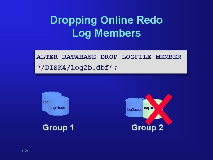 Dropping Online Redo Log Members ALTER DATABASE DROP LOGFILE MEMBER ‘/DISK 4/log 2 b. Dropping Online Redo Log Members ALTER DATABASE DROP LOGFILE MEMBER ‘/DISK 4/log 2 b.