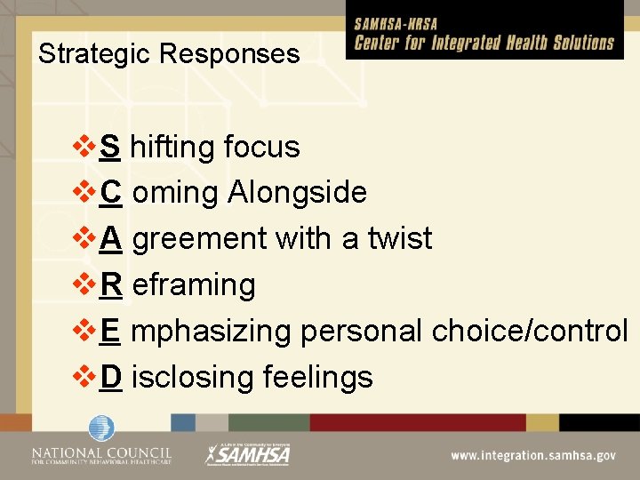 Strategic Responses v. S hifting focus v. C oming Alongside v. A greement with