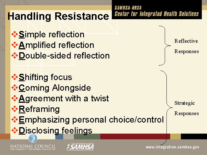 Handling Resistance v. Simple reflection v. Amplified reflection v. Double-sided reflection v. Shifting focus