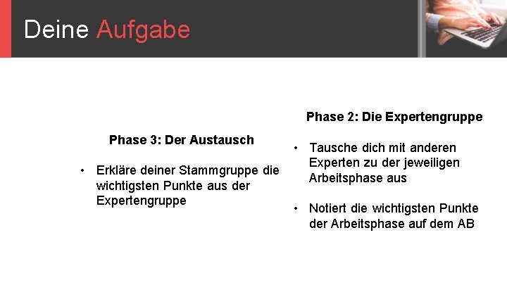 Deine Aufgabe Phase 2: Die Expertengruppe Phase 3: Der Austausch Phase 1: Die Stammgruppe